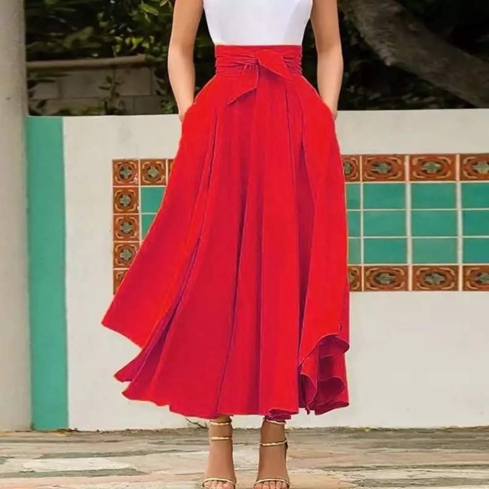 Red High Waist Maxi Skirt Bow Tie Front Pleated Flared skirt